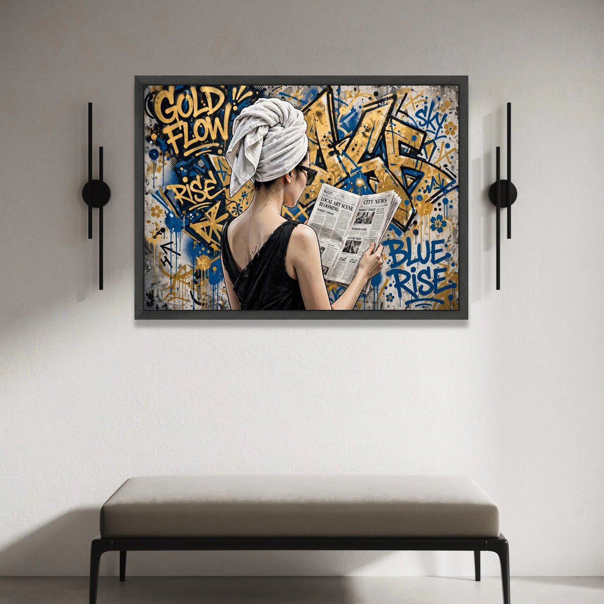 Urban Chic Woman Reading Newspaper Canvas, Graffiti Street Art Wall Decor, Contemporary City Life Canvas, Modern Home Canvas Print Art