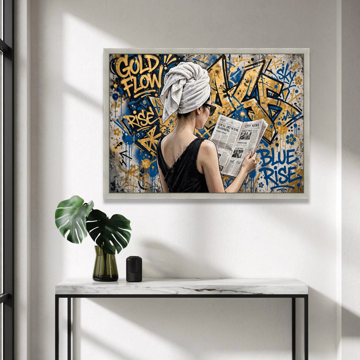 Urban Chic Woman Reading Newspaper Canvas, Graffiti Street Art Wall Decor, Contemporary City Life Canvas, Modern Home Canvas Print Art