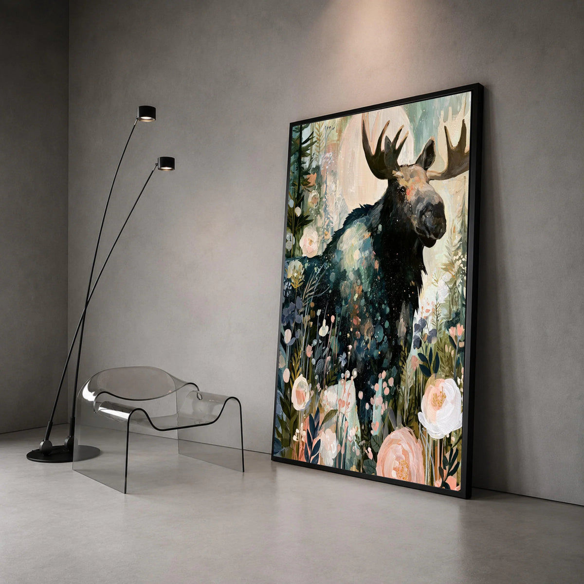Majestic Moose Floral Forest Canvas, Nature Animal Wall Art, Woodland Wildlife Canvas Decor, Rustic Home Decoration, Ready Canvas Print Art