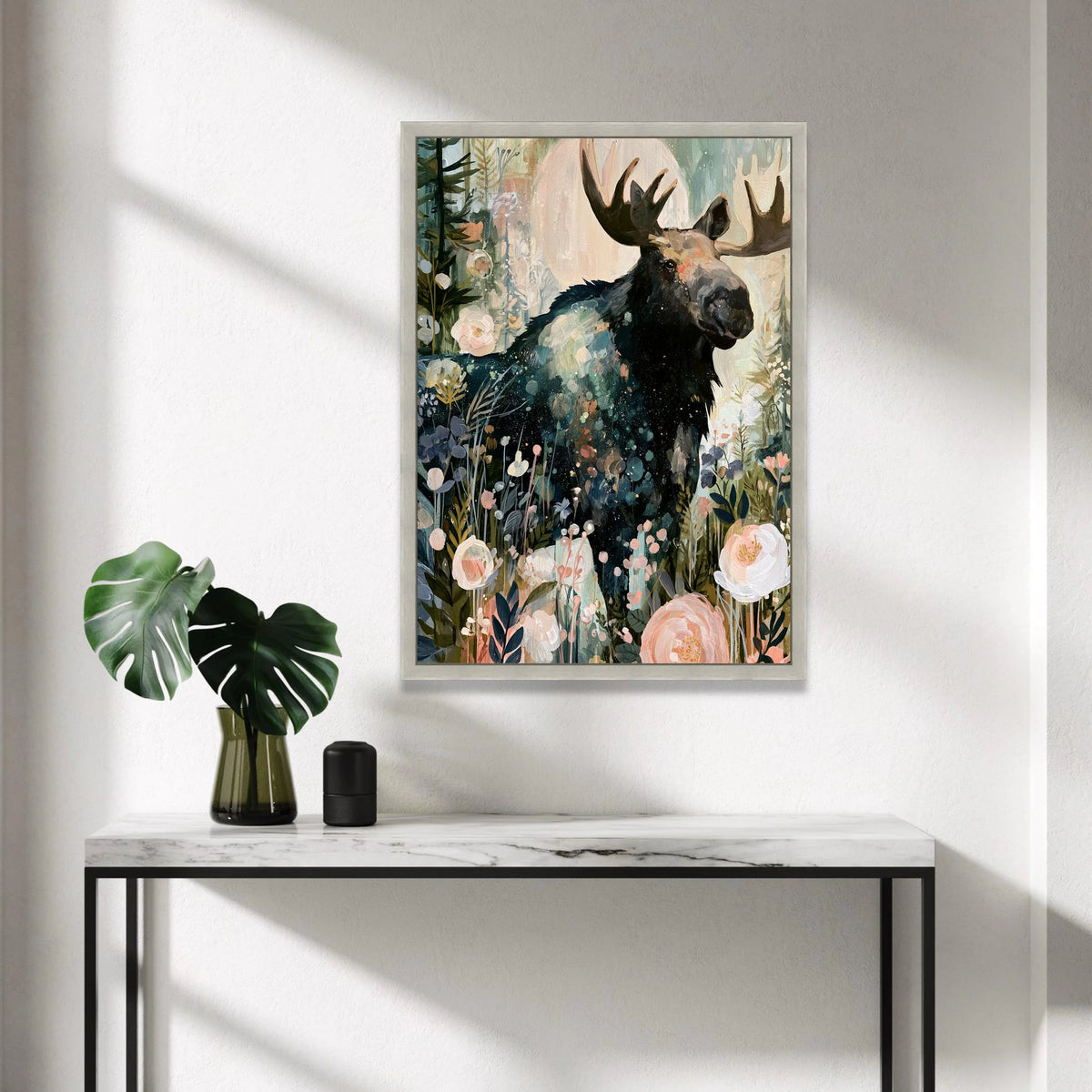 Majestic Moose Floral Forest Canvas, Nature Animal Wall Art, Woodland Wildlife Canvas Decor, Rustic Home Decoration, Ready Canvas Print Art