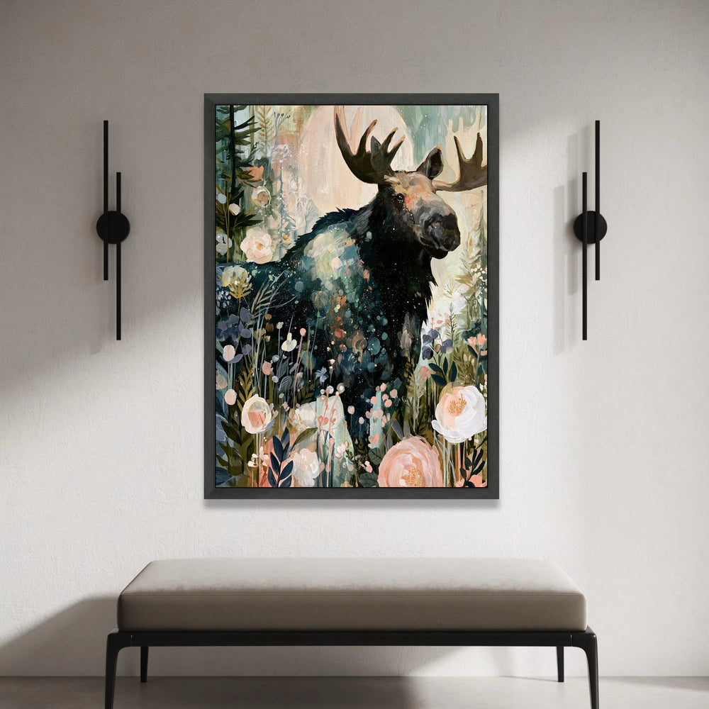 Majestic Moose Floral Forest Canvas, Nature Animal Wall Art, Woodland Wildlife Canvas Decor, Rustic Home Decoration, Ready Canvas Print Art