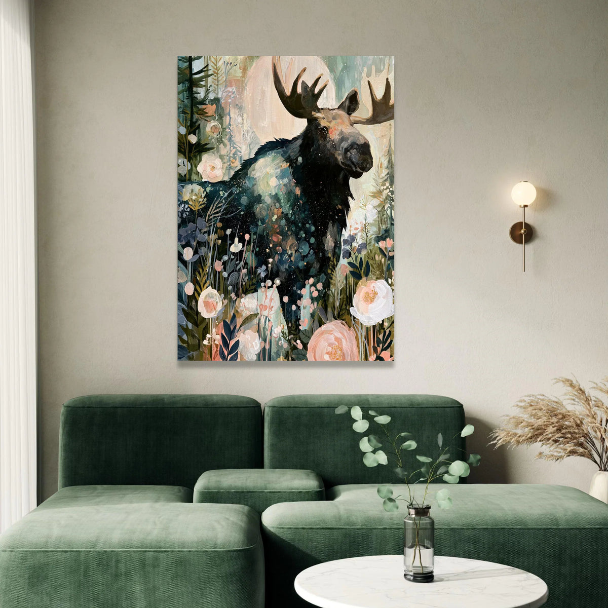 Majestic Moose Floral Forest Canvas, Nature Animal Wall Art, Woodland Wildlife Canvas Decor, Rustic Home Decoration, Ready Canvas Print Art