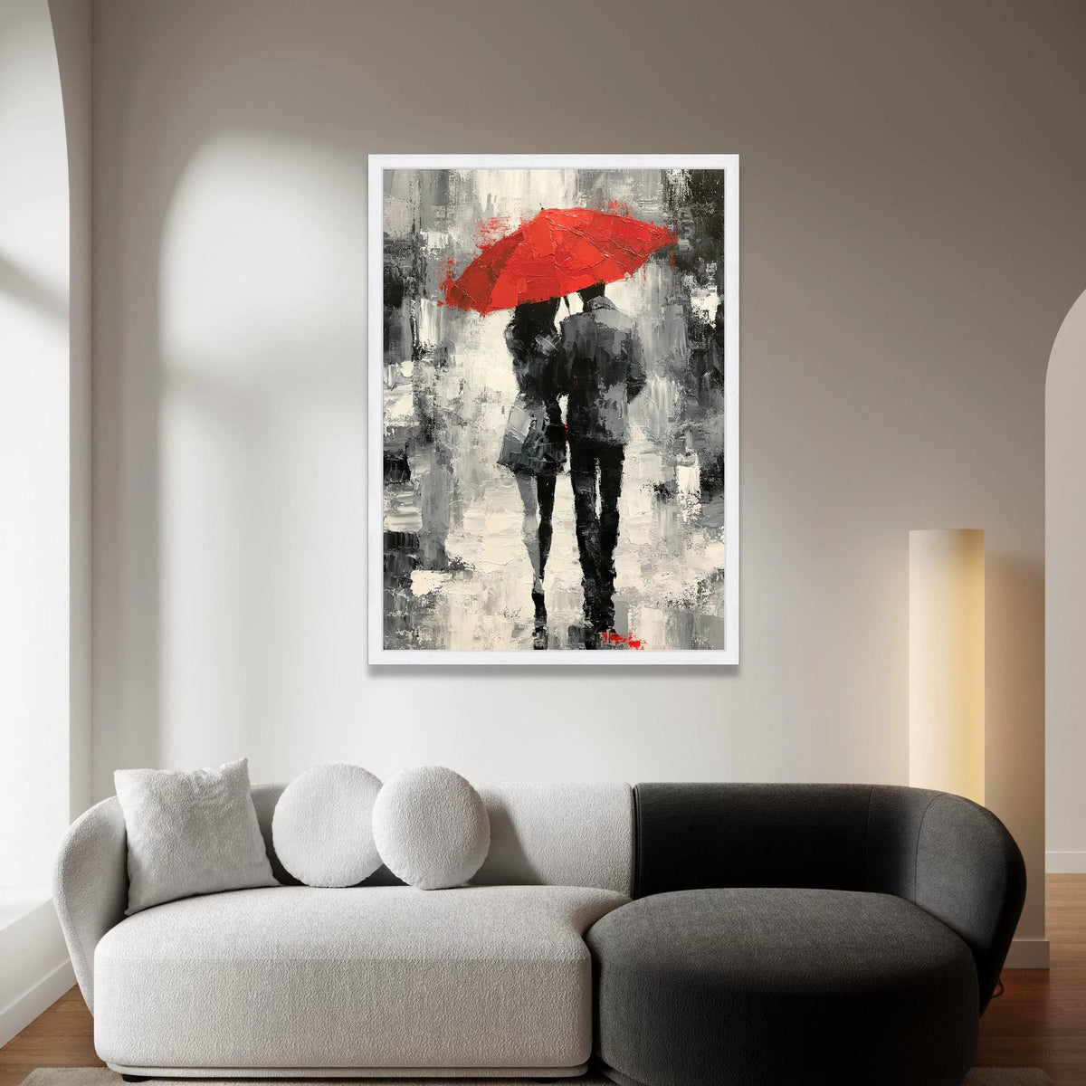 Romantic Couple Walking Under Red Umbrella, Black and White Cityscape Canvas, Modern Urban Wall Art, Love Theme Canvas Canvas Print Art