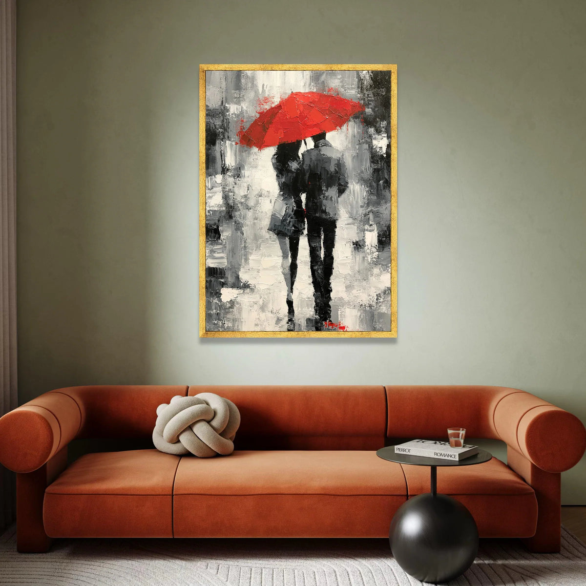 Romantic Couple Walking Under Red Umbrella, Black and White Cityscape Canvas, Modern Urban Wall Art, Love Theme Canvas Canvas Print Art