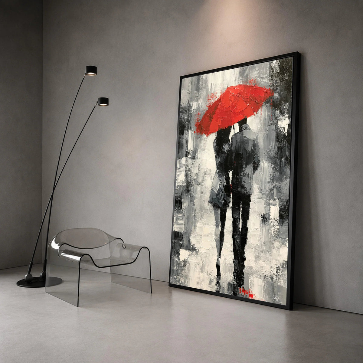 Romantic Couple Walking Under Red Umbrella, Black and White Cityscape Canvas, Modern Urban Wall Art, Love Theme Canvas Canvas Print Art