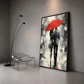 Romantic Couple Walking Under Red Umbrella, Black and White Cityscape Canvas, Modern Urban Wall Art, Love Theme Canvas Canvas Print Art