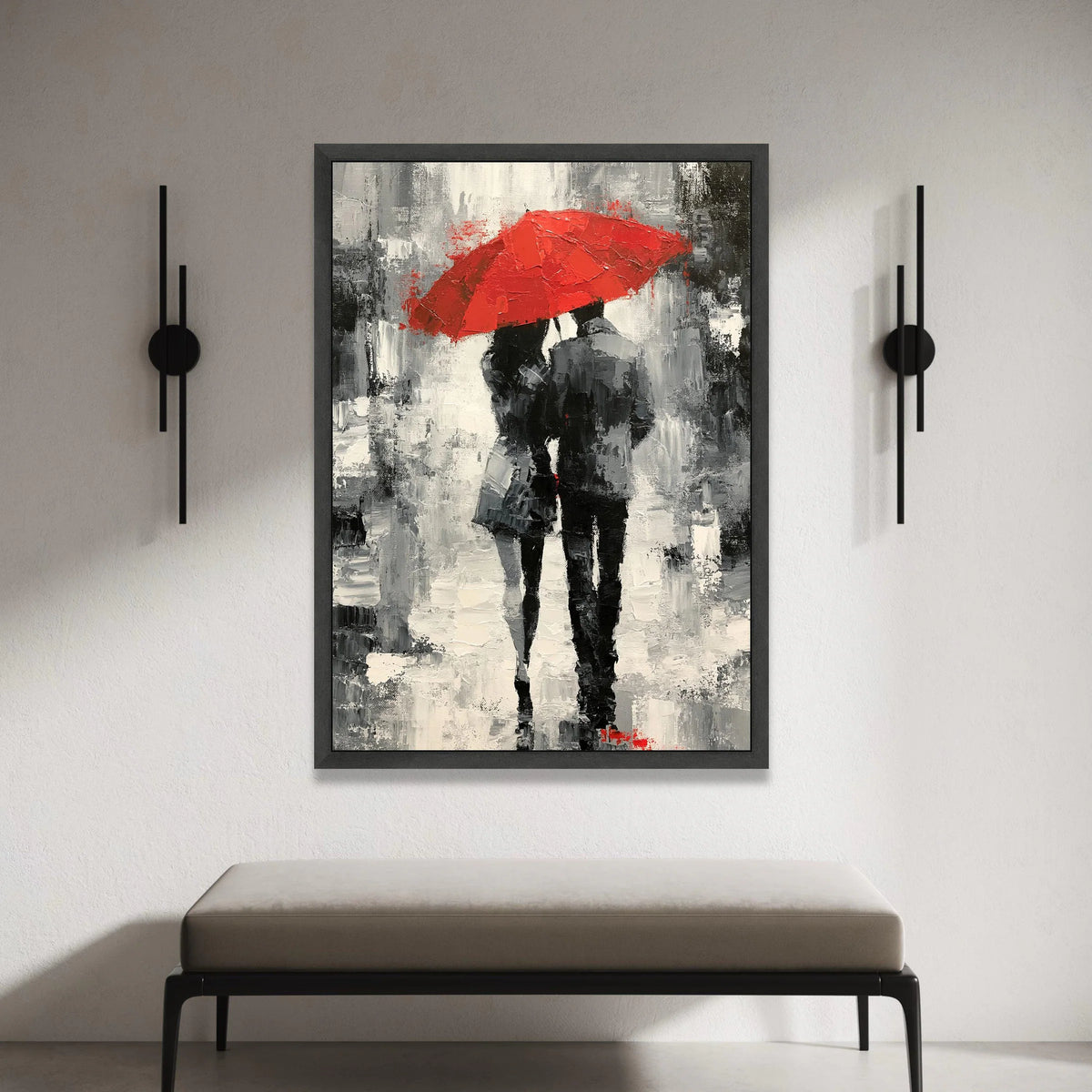 Romantic Couple Walking Under Red Umbrella, Black and White Cityscape Canvas, Modern Urban Wall Art, Love Theme Canvas Canvas Print Art