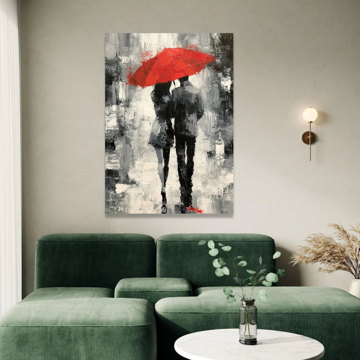 Romantic Couple Walking Under Red Umbrella, Black and White Cityscape Canvas, Modern Urban Wall Art, Love Theme Canvas Canvas Print Art