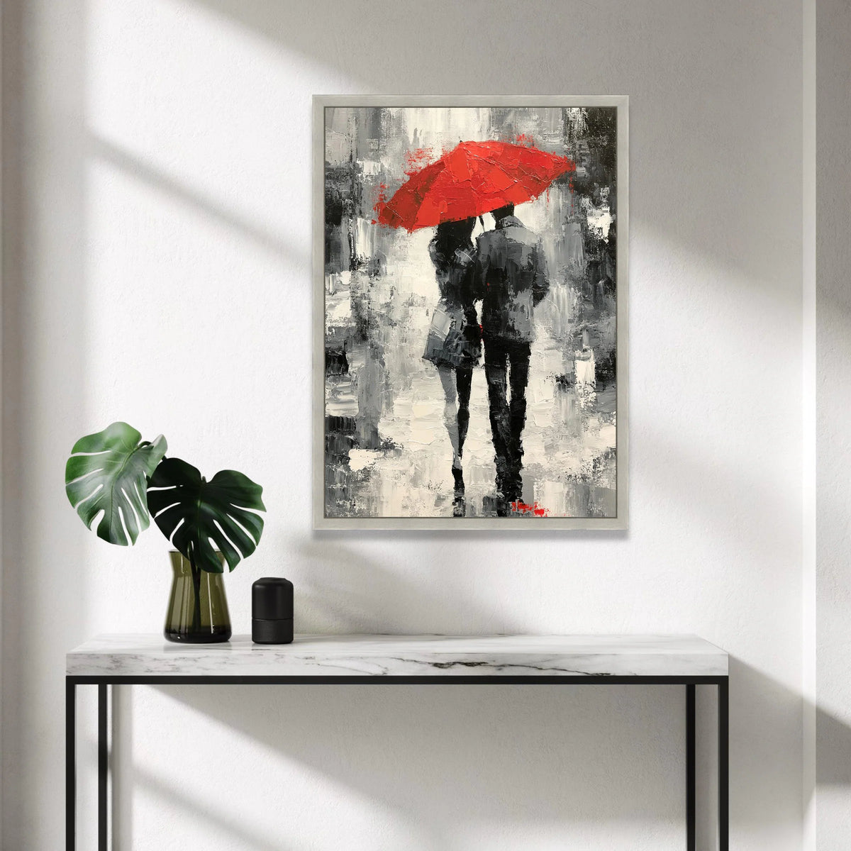Romantic Couple Walking Under Red Umbrella, Black and White Cityscape Canvas, Modern Urban Wall Art, Love Theme Canvas Canvas Print Art