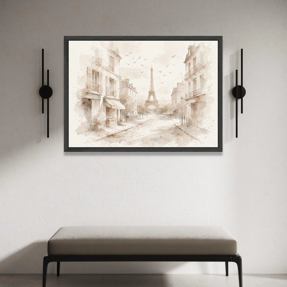 Paris Street Scene with Eiffel Tower, Vintage Cityscape Canvas, Soft Neutral Wall Art, Elegant European Architecture Canvas Print Art