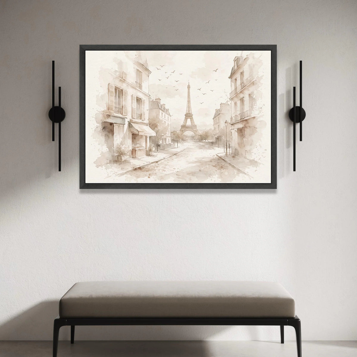 Paris Street Scene with Eiffel Tower, Vintage Cityscape Canvas, Soft Neutral Wall Art, Elegant European Architecture Canvas Print Art