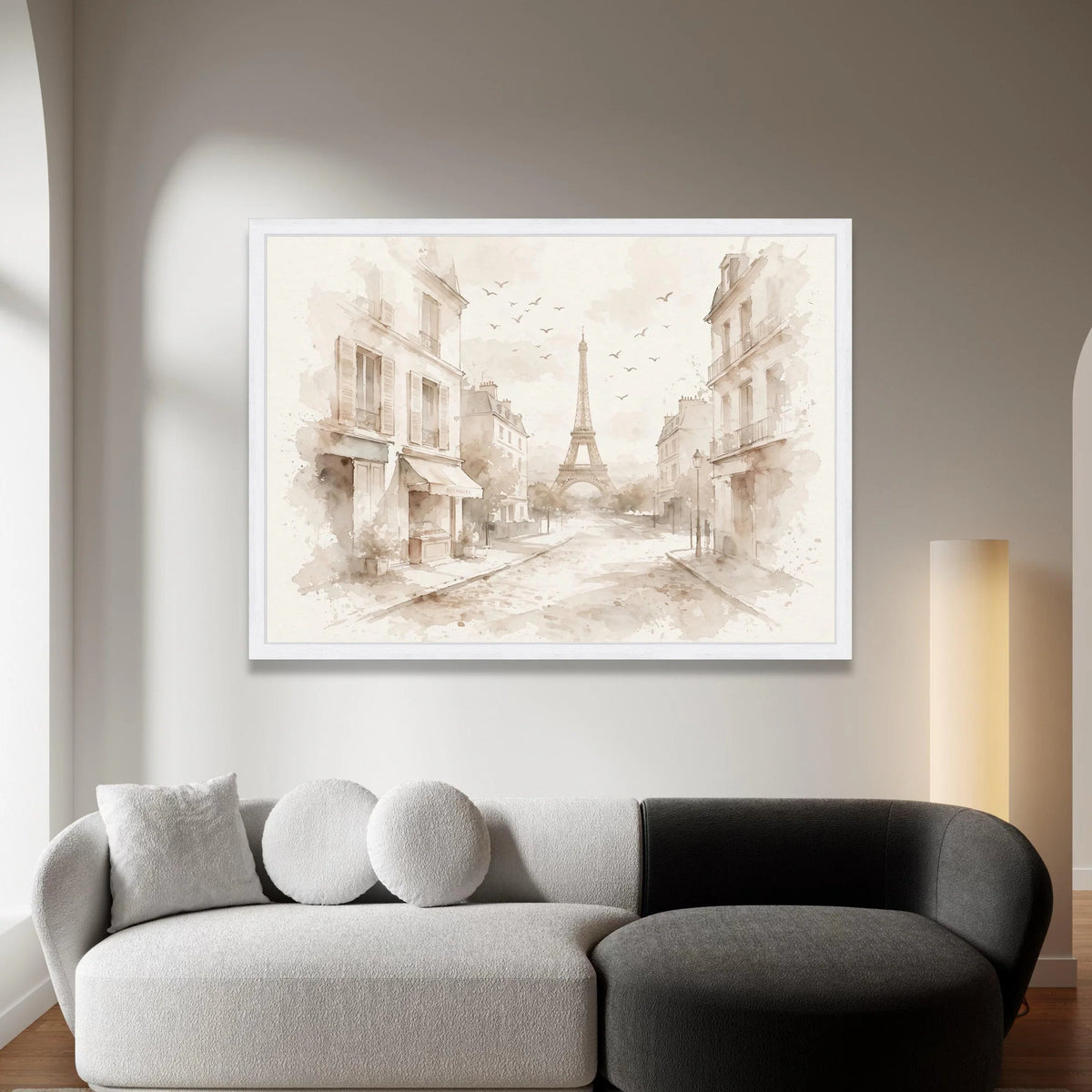 Paris Street Scene with Eiffel Tower, Vintage Cityscape Canvas, Soft Neutral Wall Art, Elegant European Architecture Canvas Print Art