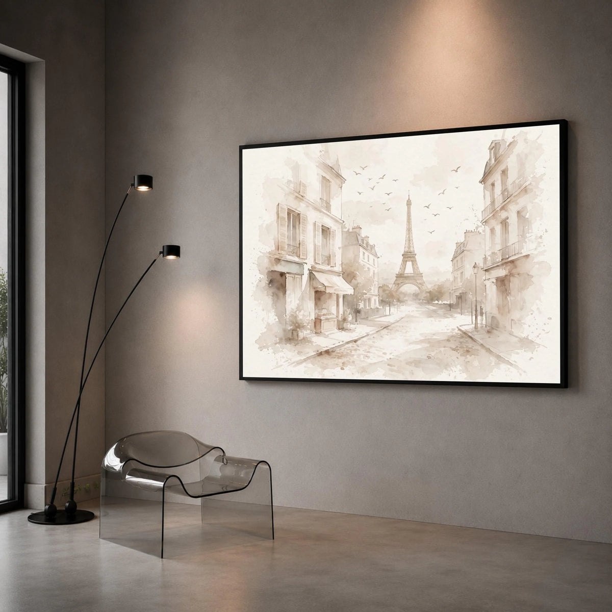 Paris Street Scene with Eiffel Tower, Vintage Cityscape Canvas, Soft Neutral Wall Art, Elegant European Architecture Canvas Print Art