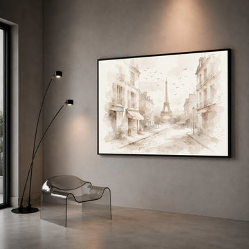 Paris Street Scene with Eiffel Tower, Vintage Cityscape Canvas, Soft Neutral Wall Art, Elegant European Architecture Canvas Print Art