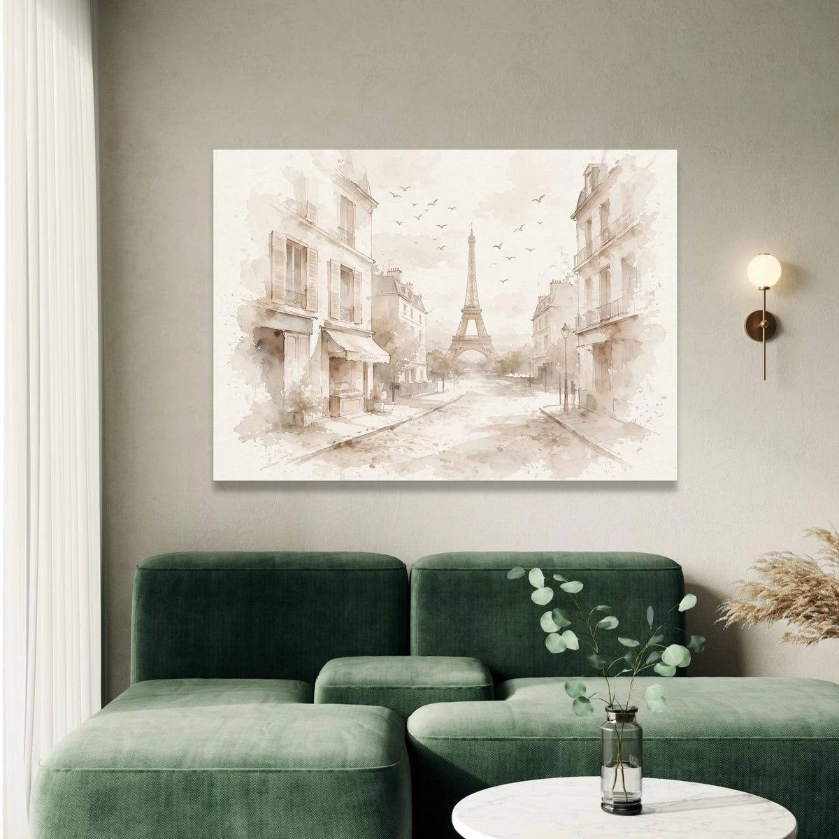 Paris Street Scene with Eiffel Tower, Vintage Cityscape Canvas, Soft Neutral Wall Art, Elegant European Architecture Canvas Print Art