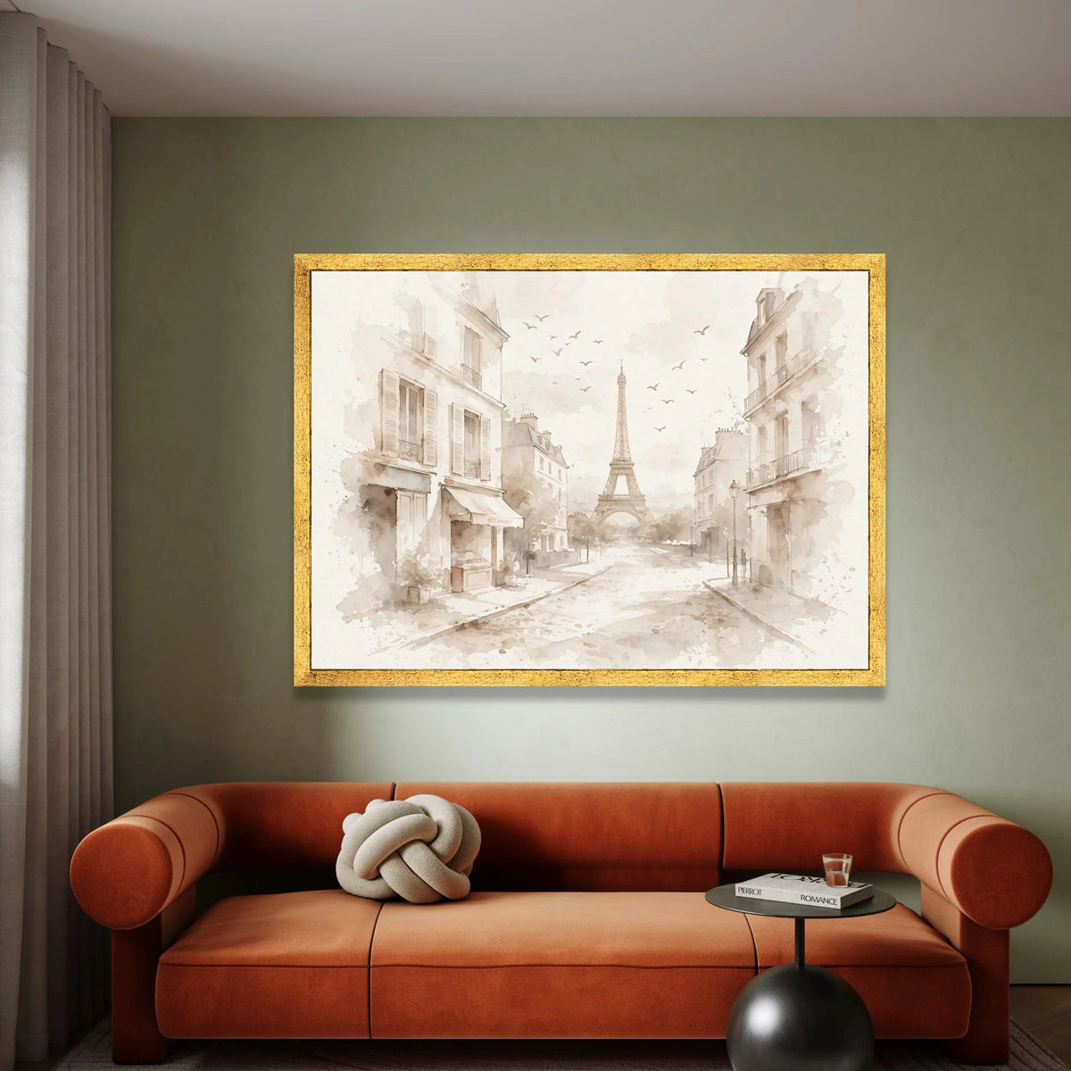 Paris Street Scene with Eiffel Tower, Vintage Cityscape Canvas, Soft Neutral Wall Art, Elegant European Architecture Canvas Print Art