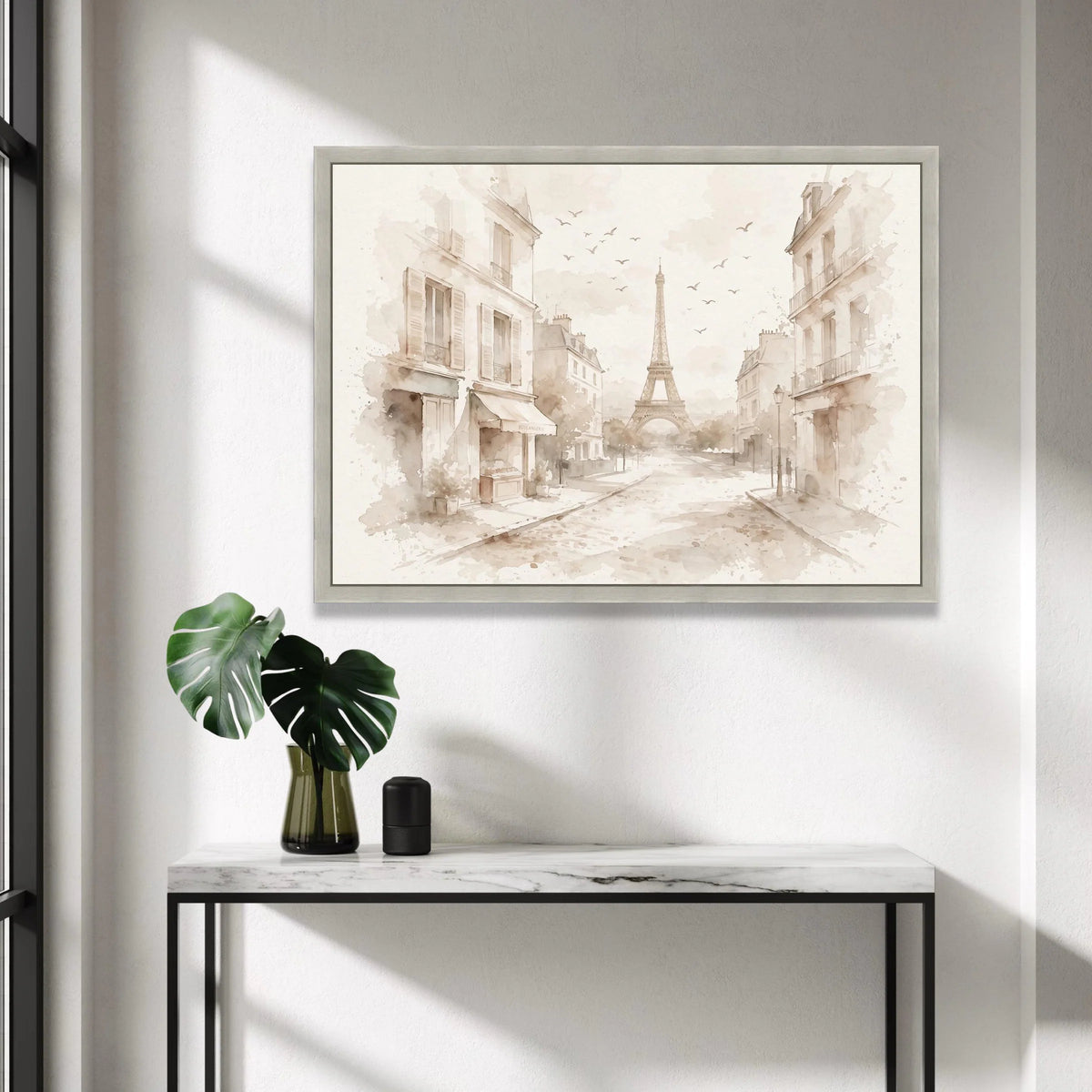 Paris Street Scene with Eiffel Tower, Vintage Cityscape Canvas, Soft Neutral Wall Art, Elegant European Architecture Canvas Print Art