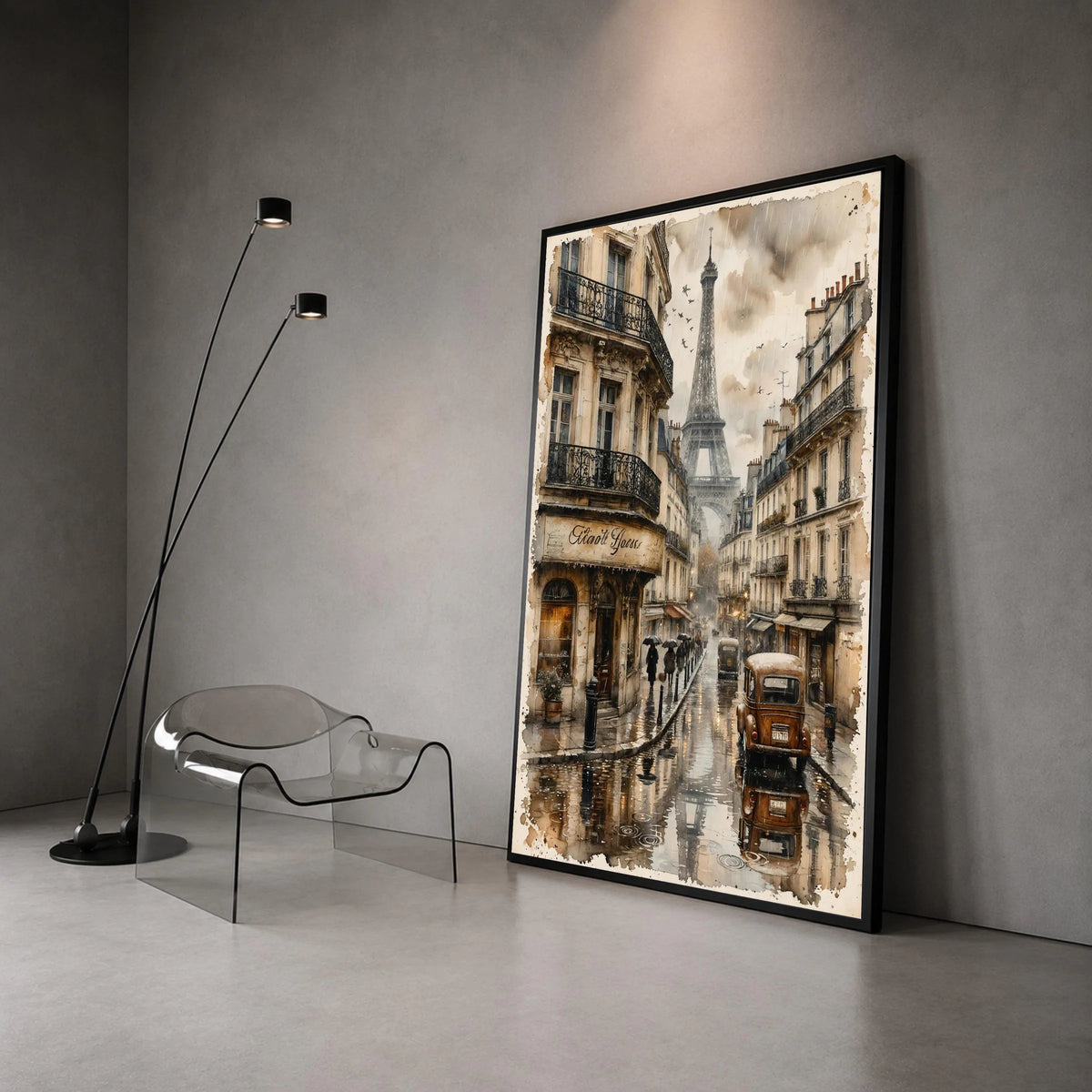 Paris Street View Rainy Day, Vintage Car Canvas, Eiffel Tower Wall Art, Classic Parisian Scene Canvas, Urban European Canvas Print Art