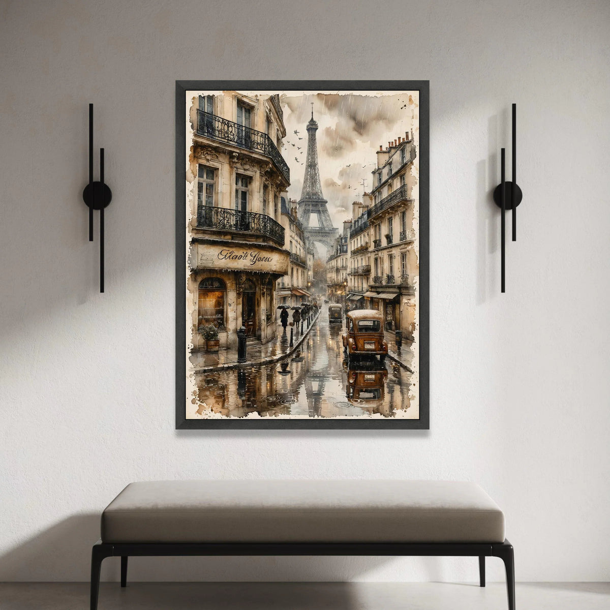Paris Street View Rainy Day, Vintage Car Canvas, Eiffel Tower Wall Art, Classic Parisian Scene Canvas, Urban European Canvas Print Art