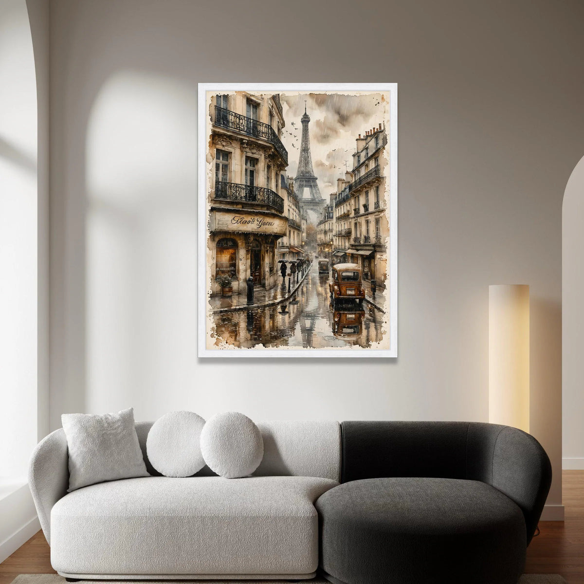 Paris Street View Rainy Day, Vintage Car Canvas, Eiffel Tower Wall Art, Classic Parisian Scene Canvas, Urban European Canvas Print Art