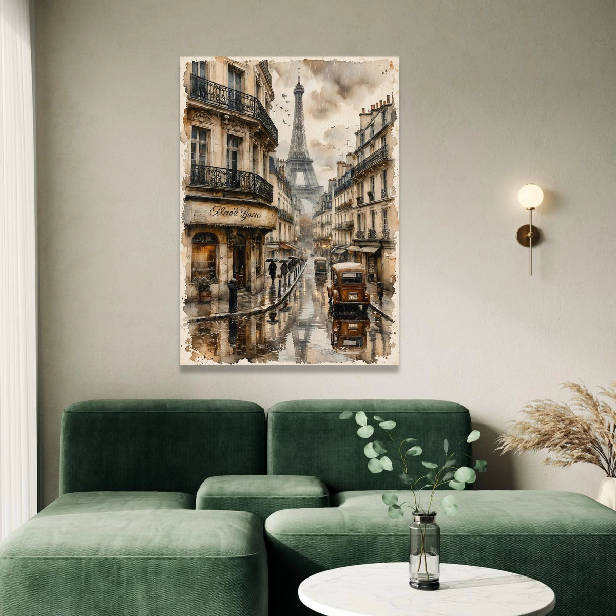 Paris Street View Rainy Day, Vintage Car Canvas, Eiffel Tower Wall Art, Classic Parisian Scene Canvas, Urban European Canvas Print Art