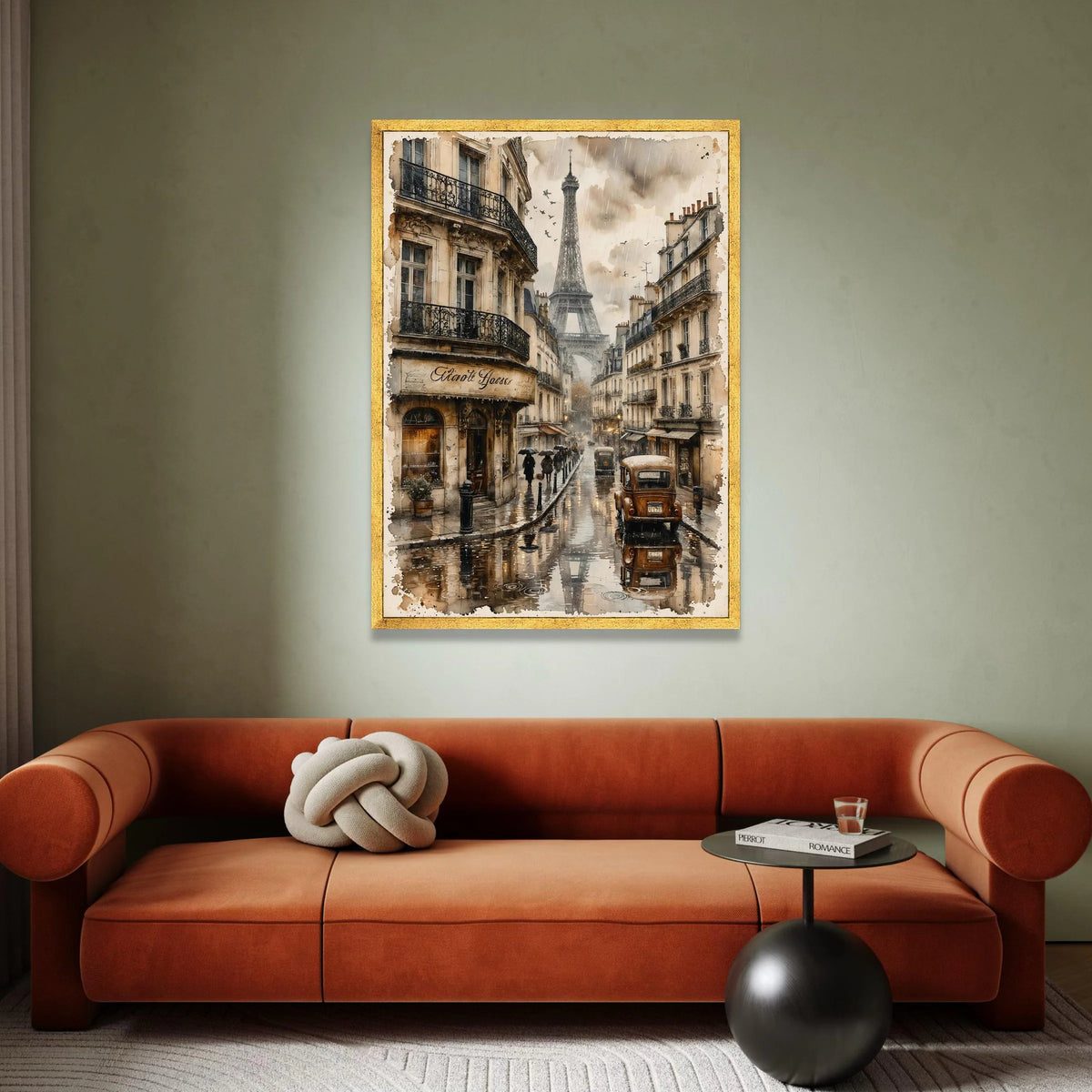 Paris Street View Rainy Day, Vintage Car Canvas, Eiffel Tower Wall Art, Classic Parisian Scene Canvas, Urban European Canvas Print Art