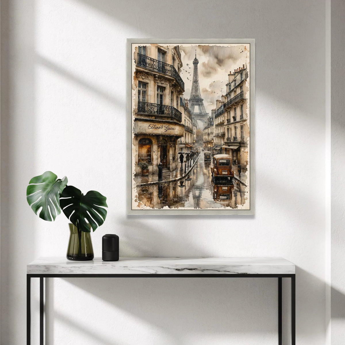 Paris Street View Rainy Day, Vintage Car Canvas, Eiffel Tower Wall Art, Classic Parisian Scene Canvas, Urban European Canvas Print Art
