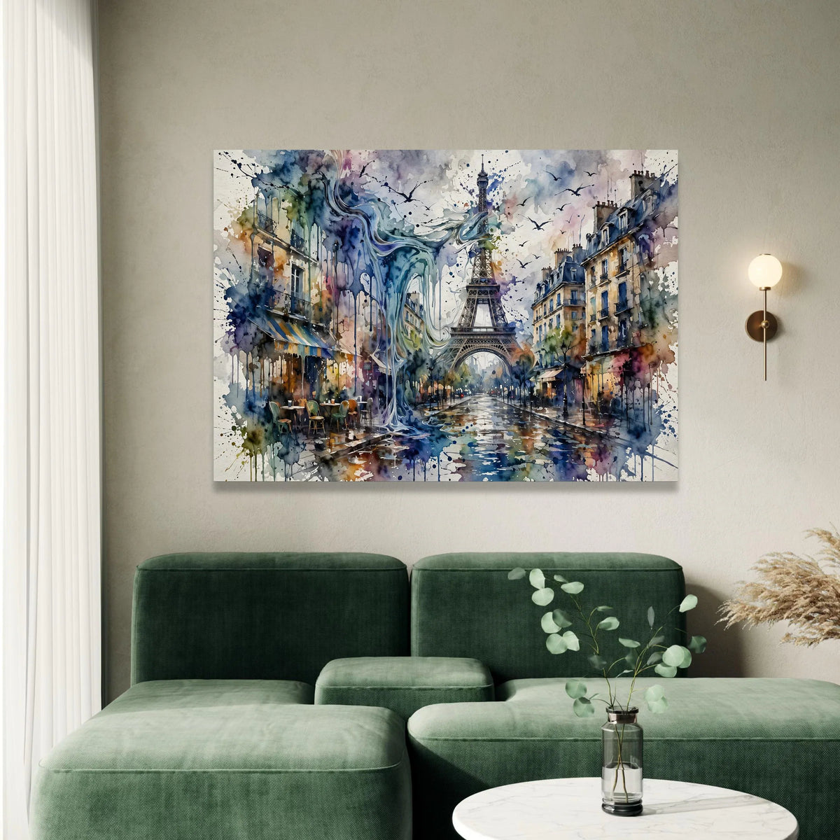 Paris Street Scene Canvas, Eiffel Tower Wall Art, Watercolor Urban Landscape, Cityscape Canvas Print, Home Decoration Canvas Print Art