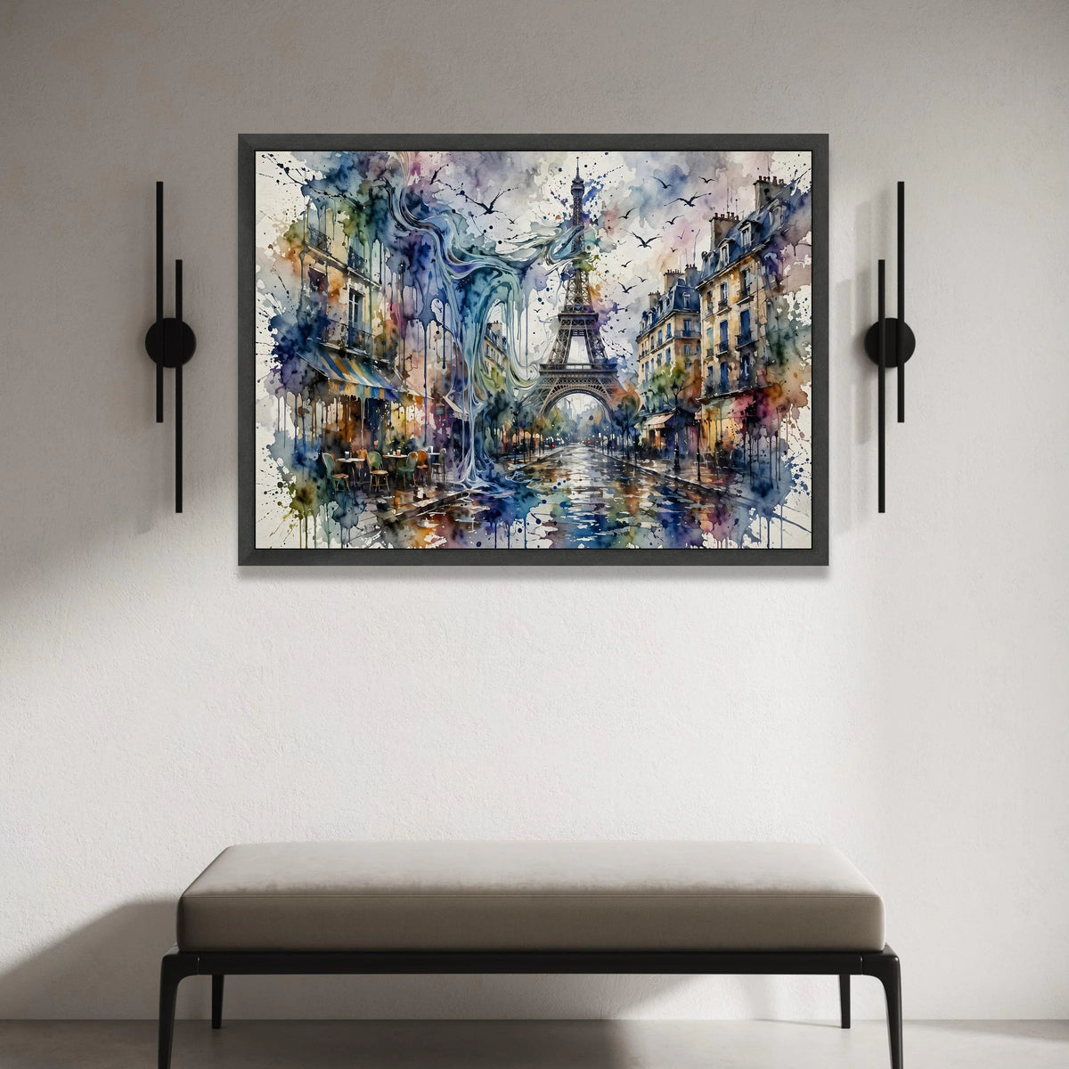 Paris Street Scene Canvas, Eiffel Tower Wall Art, Watercolor Urban Landscape, Cityscape Canvas Print, Home Decoration Canvas Print Art