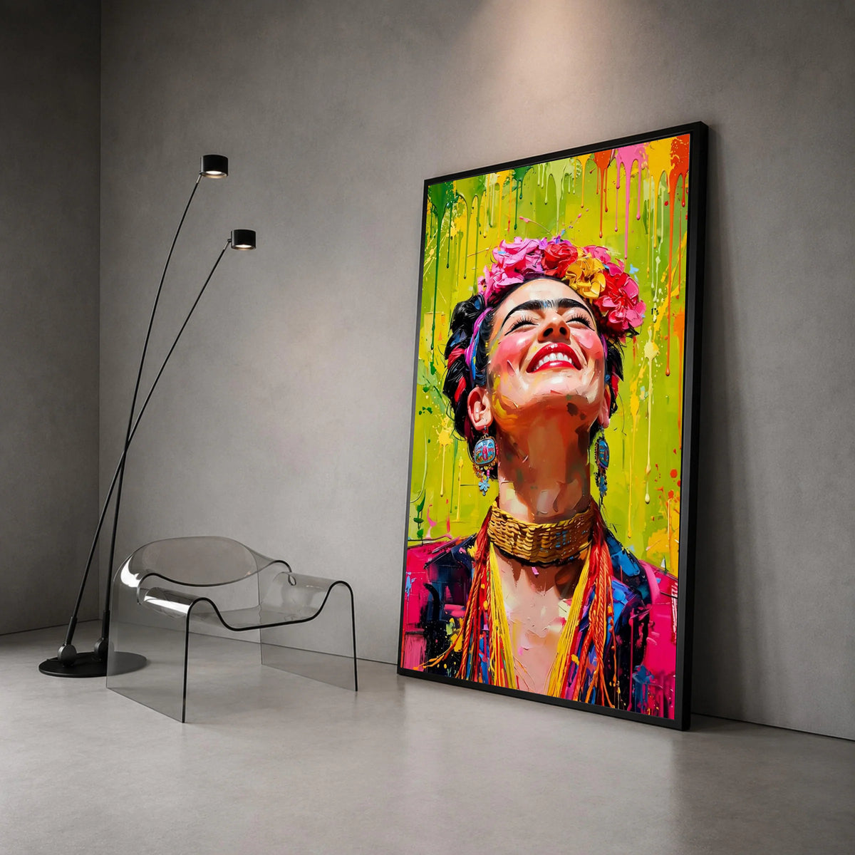 Vibrant Frida Portrait Canvas, Colorful Woman Wall Art, Floral Headpiece Canvas, Bright Expression Home Decor, Ready to Canvas Print Art