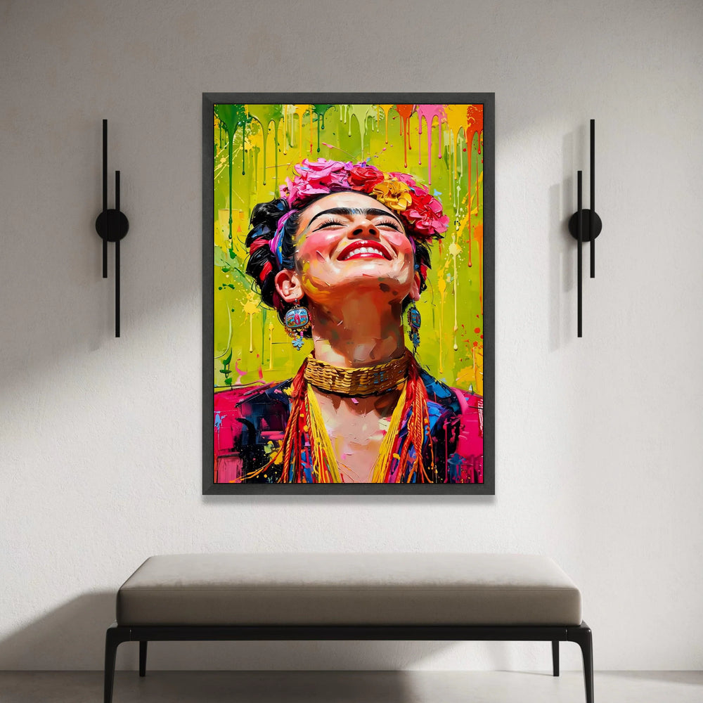 Vibrant Frida Portrait Canvas, Colorful Woman Wall Art, Floral Headpiece Canvas, Bright Expression Home Decor, Ready to Canvas Print Art