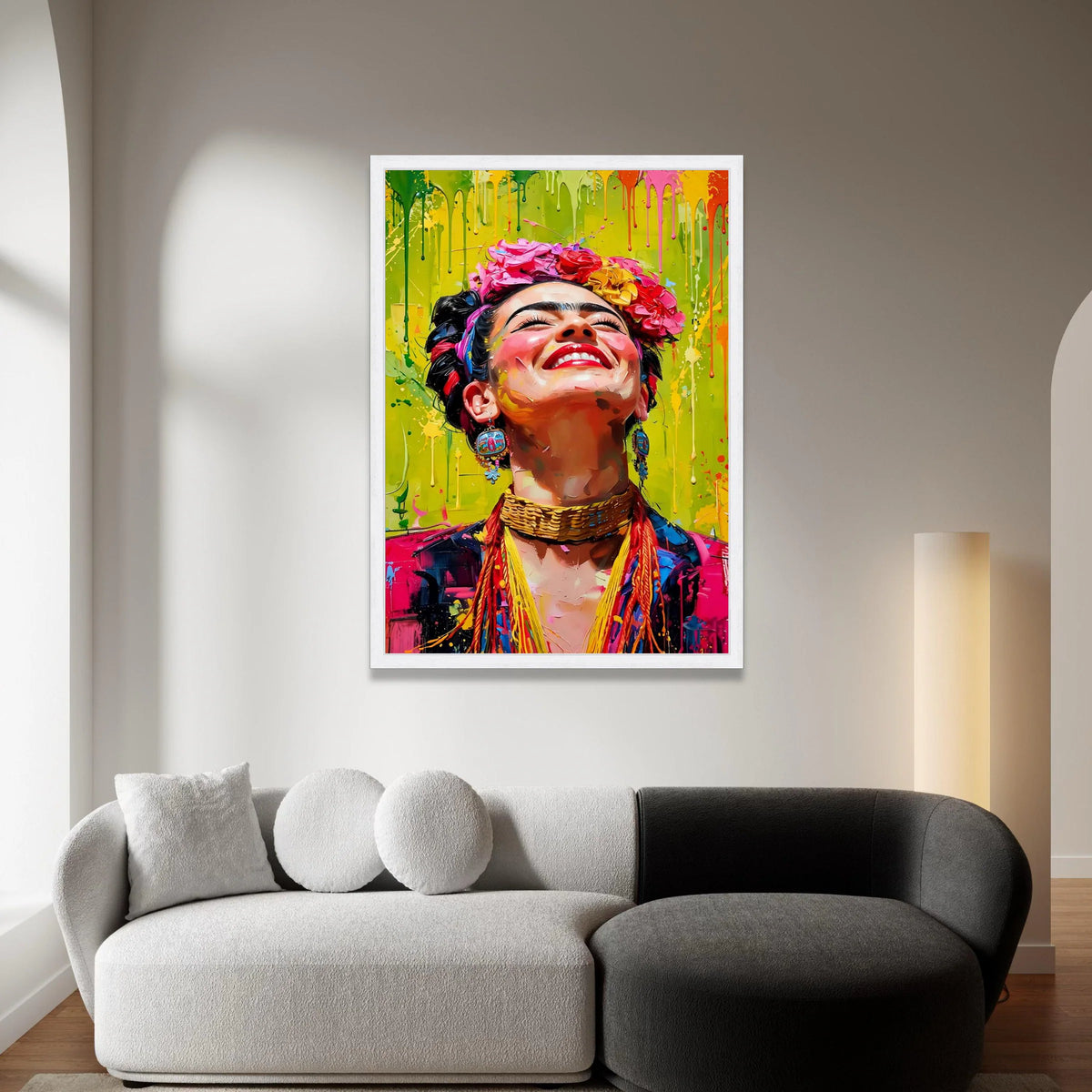 Vibrant Frida Portrait Canvas, Colorful Woman Wall Art, Floral Headpiece Canvas, Bright Expression Home Decor, Ready to Canvas Print Art