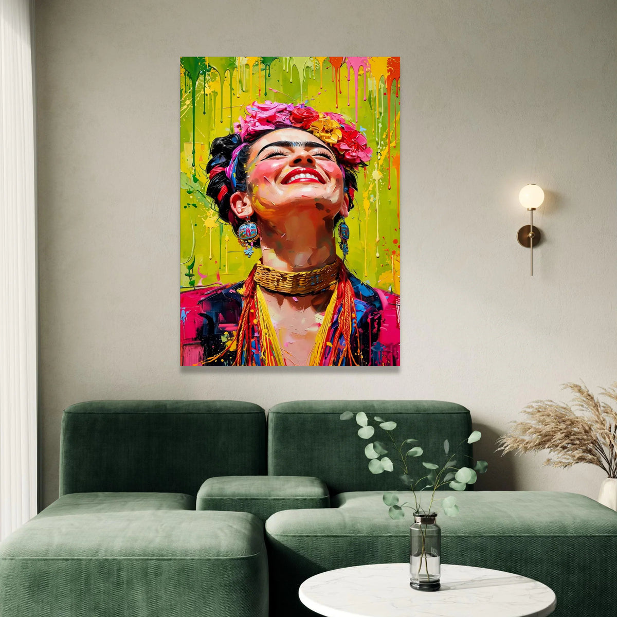 Vibrant Frida Portrait Canvas, Colorful Woman Wall Art, Floral Headpiece Canvas, Bright Expression Home Decor, Ready to Canvas Print Art