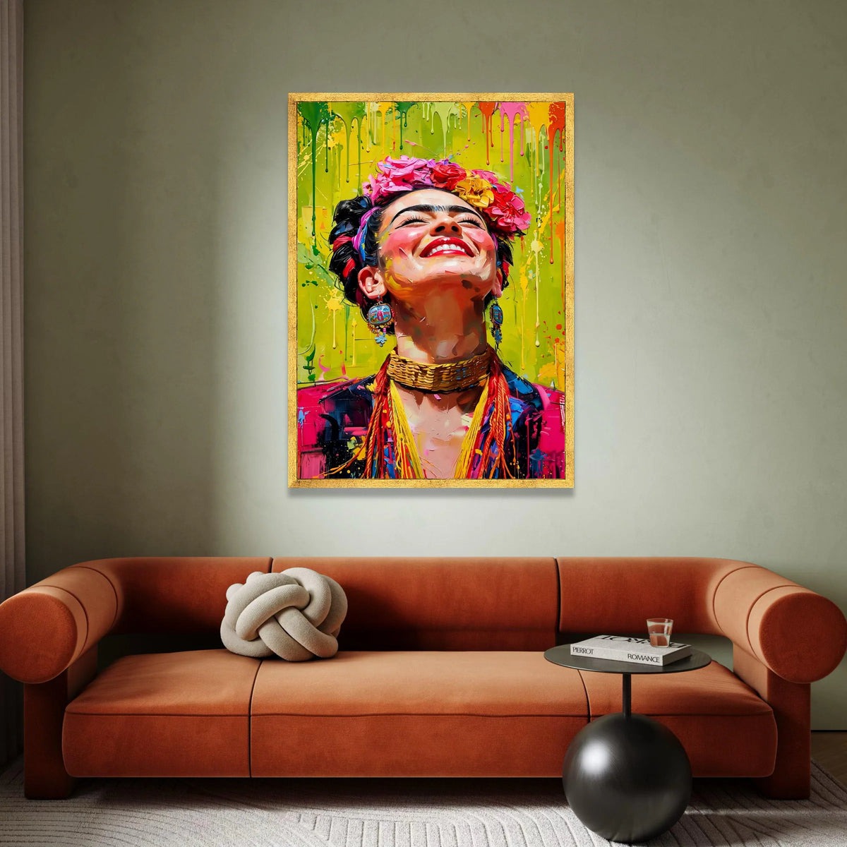 Vibrant Frida Portrait Canvas, Colorful Woman Wall Art, Floral Headpiece Canvas, Bright Expression Home Decor, Ready to Canvas Print Art