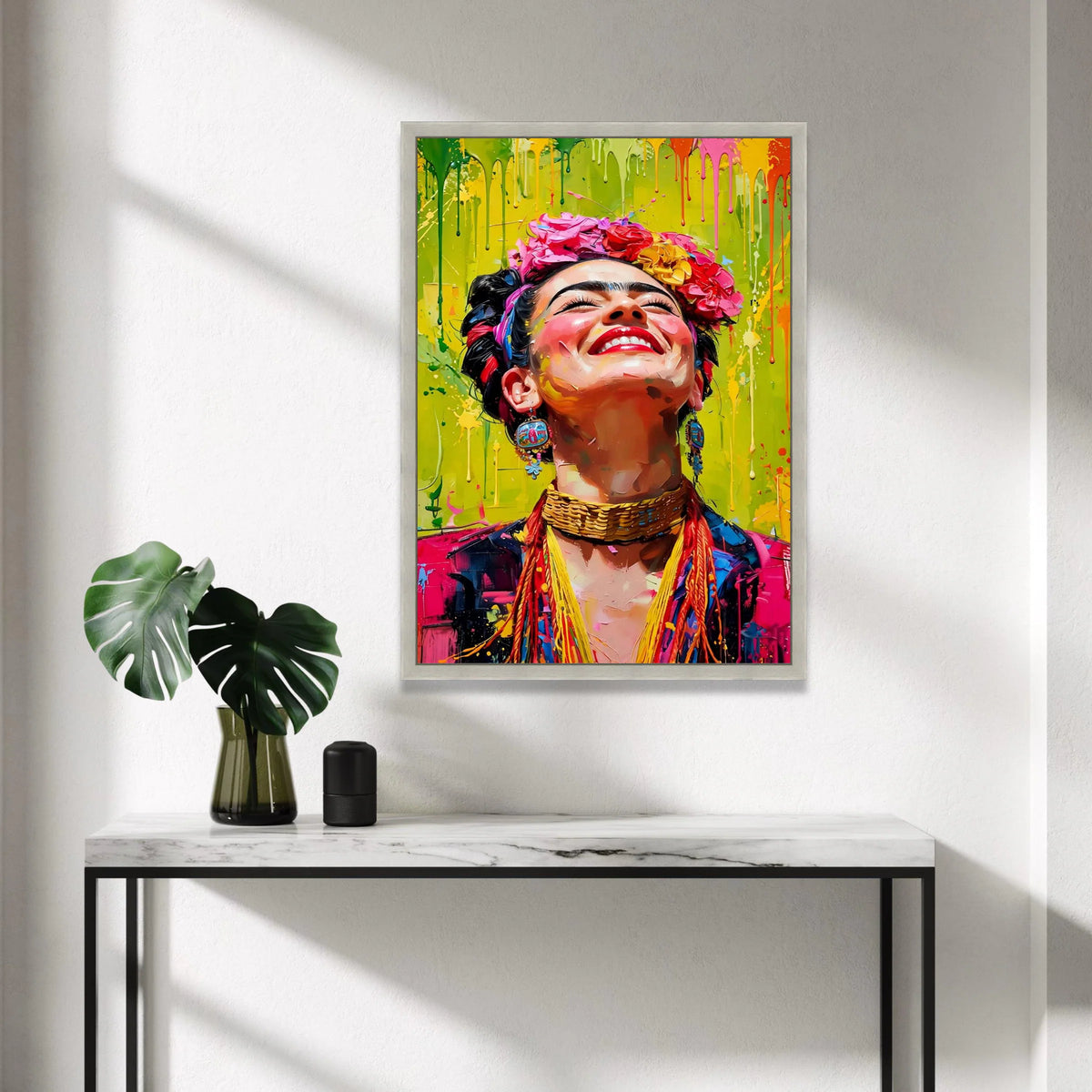 Vibrant Frida Portrait Canvas, Colorful Woman Wall Art, Floral Headpiece Canvas, Bright Expression Home Decor, Ready to Canvas Print Art