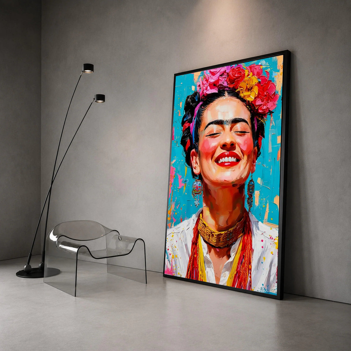Vibrant Frida Portrait Canvas, Colorful Floral Crown Wall Art, Mexican Canvas, Bright Expressive Face Canvas, Home Canvas Print Art