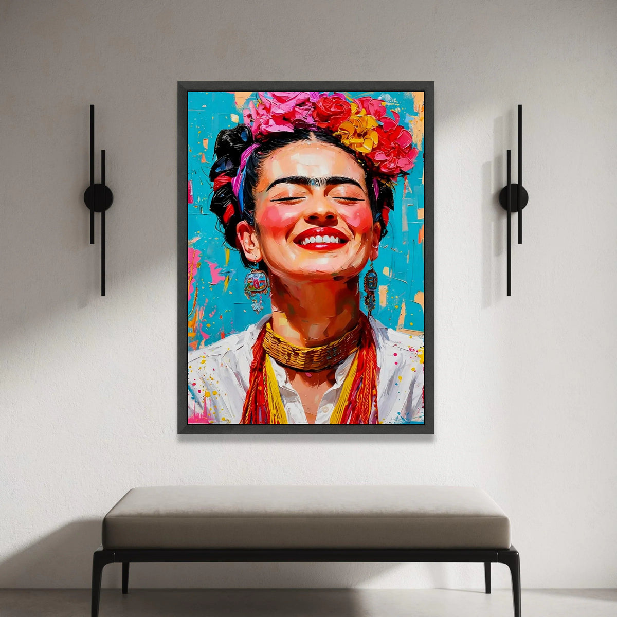 Vibrant Frida Portrait Canvas, Colorful Floral Crown Wall Art, Mexican Canvas, Bright Expressive Face Canvas, Home Canvas Print Art