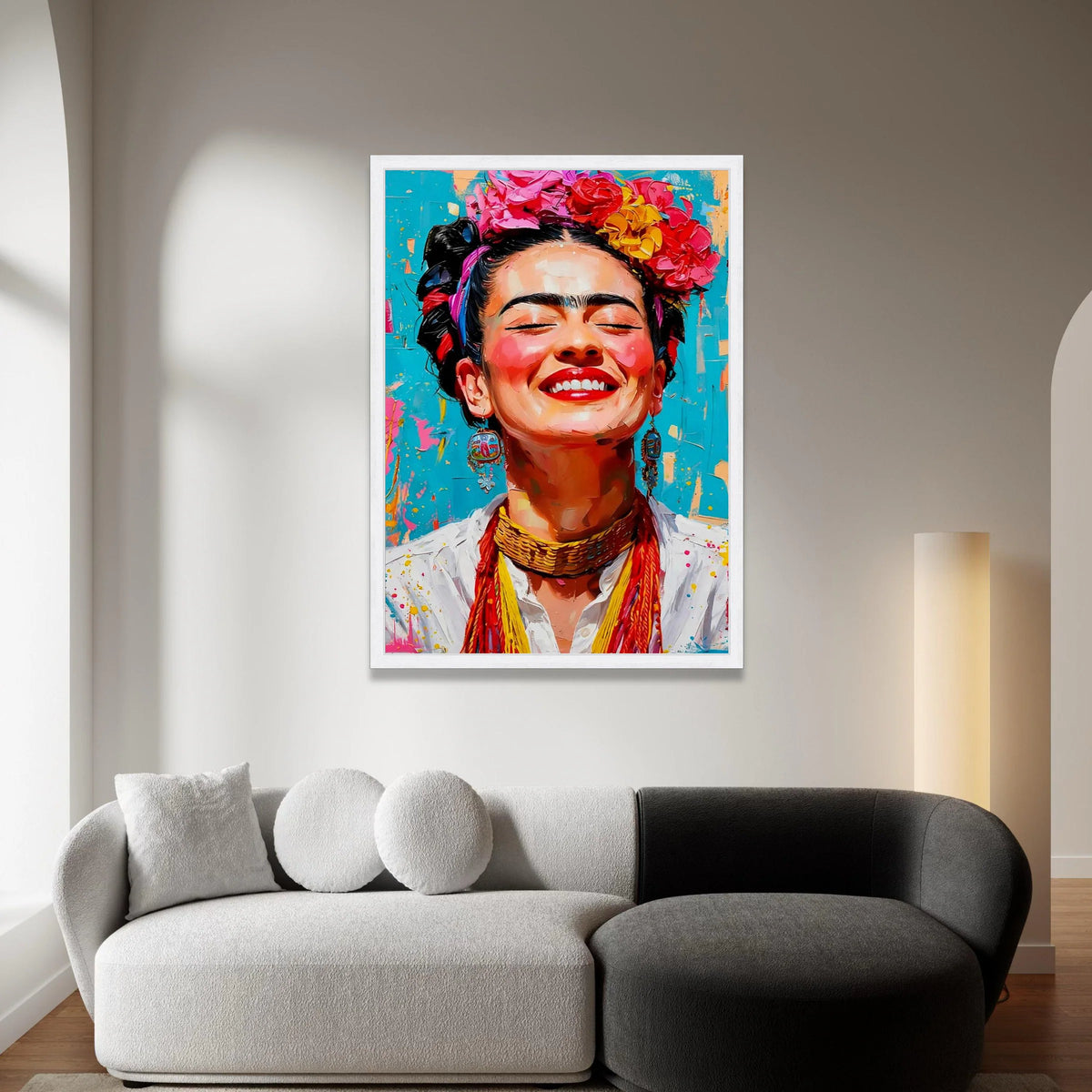 Vibrant Frida Portrait Canvas, Colorful Floral Crown Wall Art, Mexican Canvas, Bright Expressive Face Canvas, Home Canvas Print Art