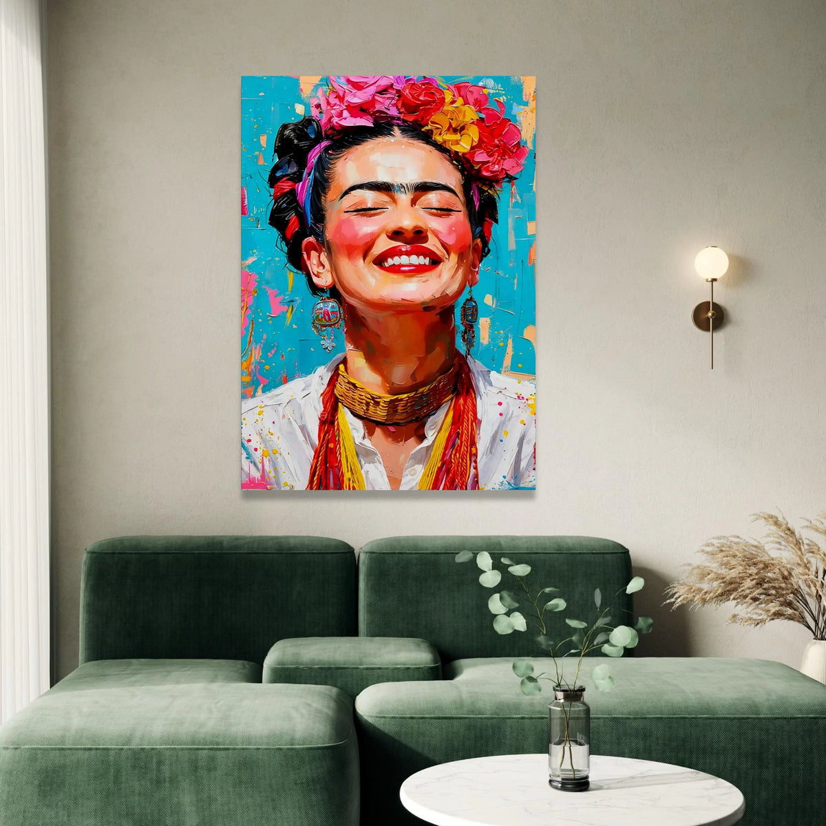 Vibrant Frida Portrait Canvas, Colorful Floral Crown Wall Art, Mexican Canvas, Bright Expressive Face Canvas, Home Canvas Print Art