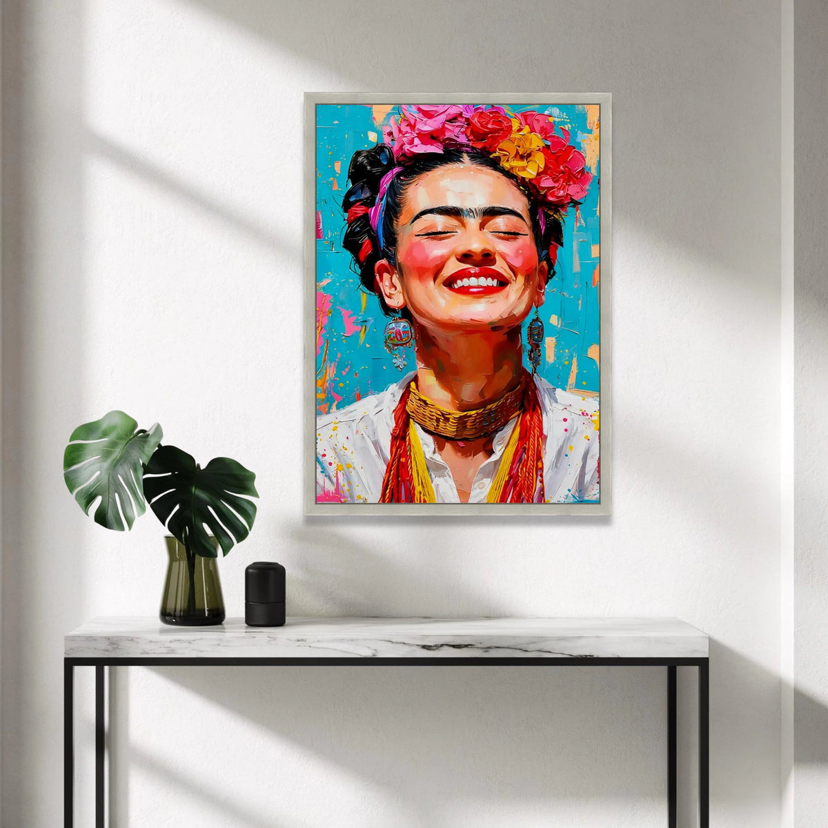 Vibrant Frida Portrait Canvas, Colorful Floral Crown Wall Art, Mexican Canvas, Bright Expressive Face Canvas, Home Canvas Print Art