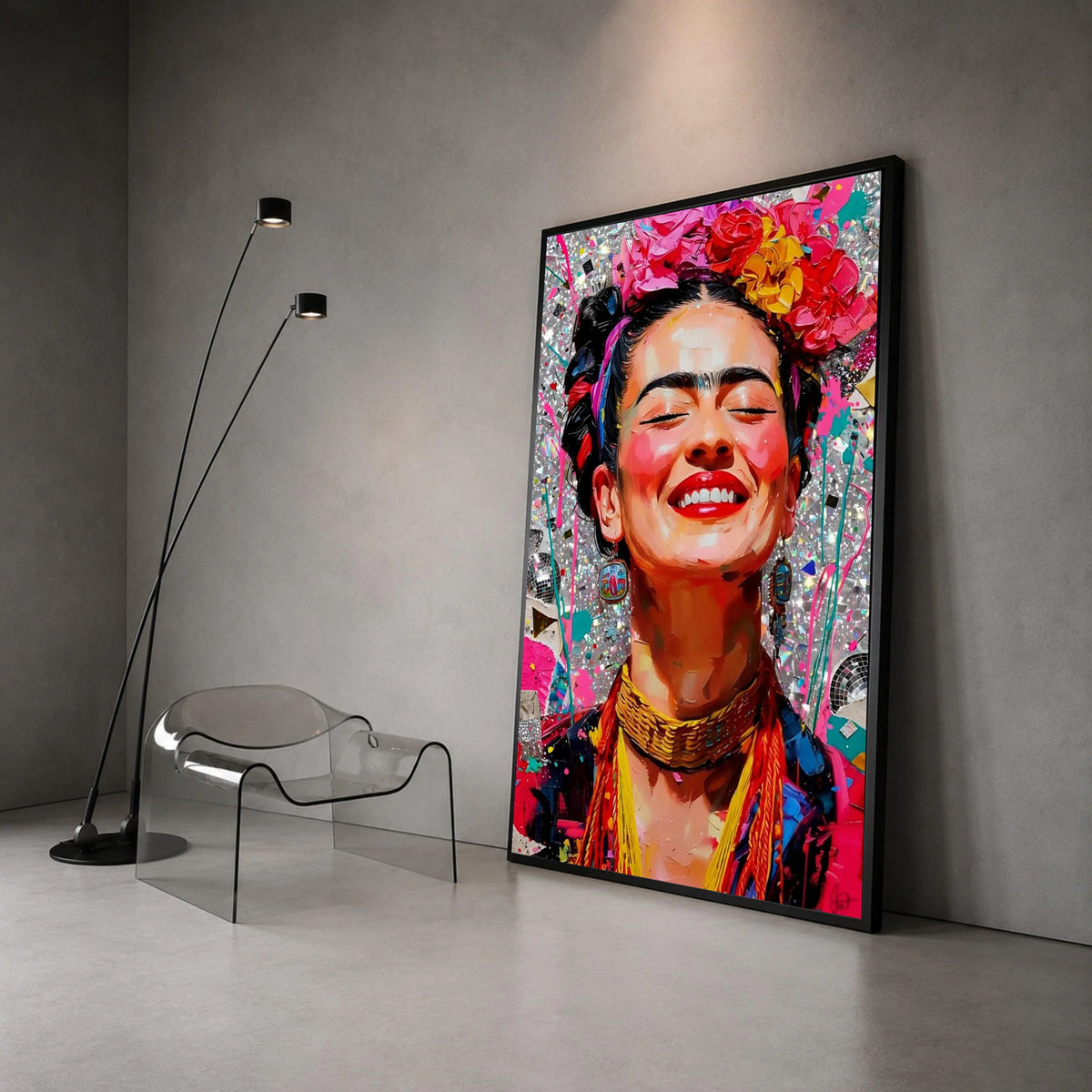 Vibrant Smiling Woman Canvas, Colorful Floral Headpiece Portrait, Bright Wall Art, Cheerful Face Decor, Expressive Home Canvas Print Art