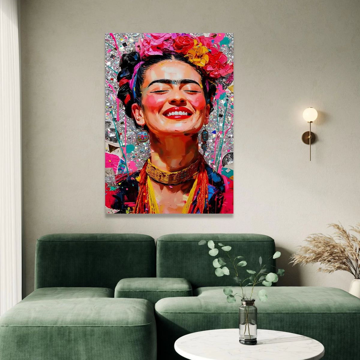 Vibrant Smiling Woman Canvas, Colorful Floral Headpiece Portrait, Bright Wall Art, Cheerful Face Decor, Expressive Home Canvas Print Art