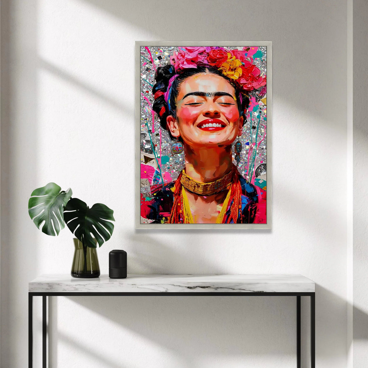 Vibrant Smiling Woman Canvas, Colorful Floral Headpiece Portrait, Bright Wall Art, Cheerful Face Decor, Expressive Home Canvas Print Art