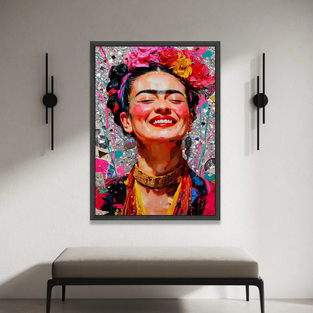 Vibrant Smiling Woman Canvas, Colorful Floral Headpiece Portrait, Bright Wall Art, Cheerful Face Decor, Expressive Home Canvas Print Art