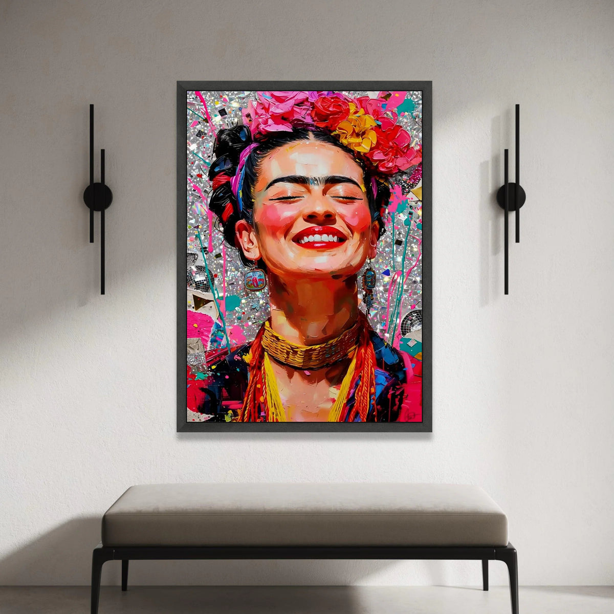 Vibrant Smiling Woman Canvas, Colorful Floral Headpiece Portrait, Bright Wall Art, Cheerful Face Decor, Expressive Home Canvas Print Art