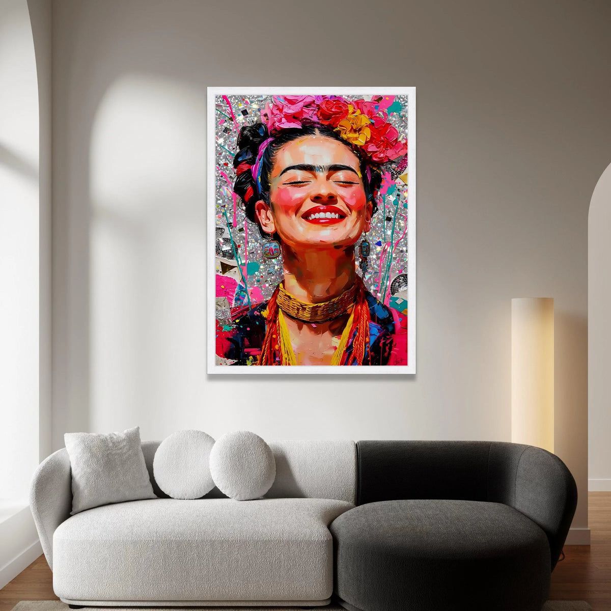 Vibrant Smiling Woman Canvas, Colorful Floral Headpiece Portrait, Bright Wall Art, Cheerful Face Decor, Expressive Home Canvas Print Art
