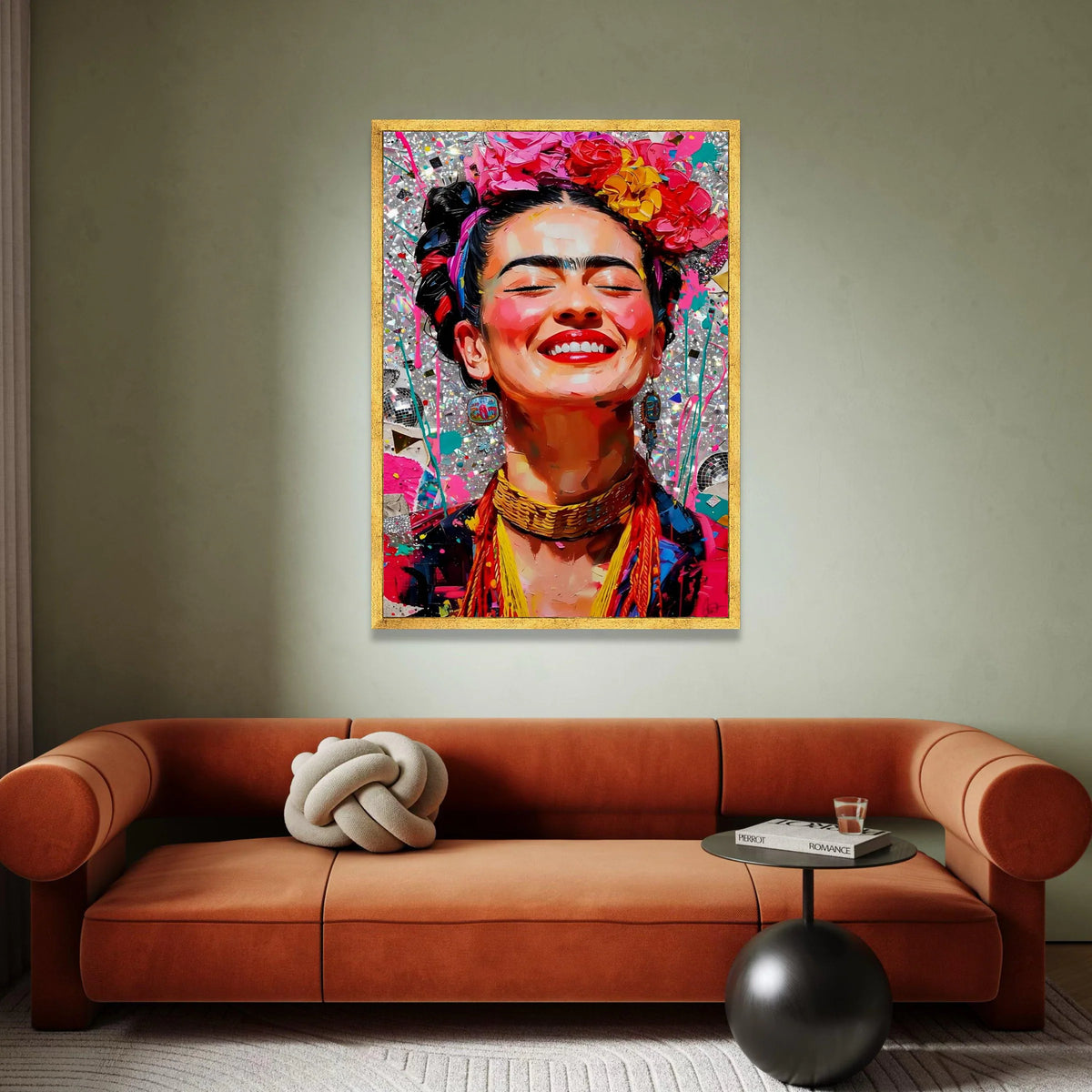 Vibrant Smiling Woman Canvas, Colorful Floral Headpiece Portrait, Bright Wall Art, Cheerful Face Decor, Expressive Home Canvas Print Art