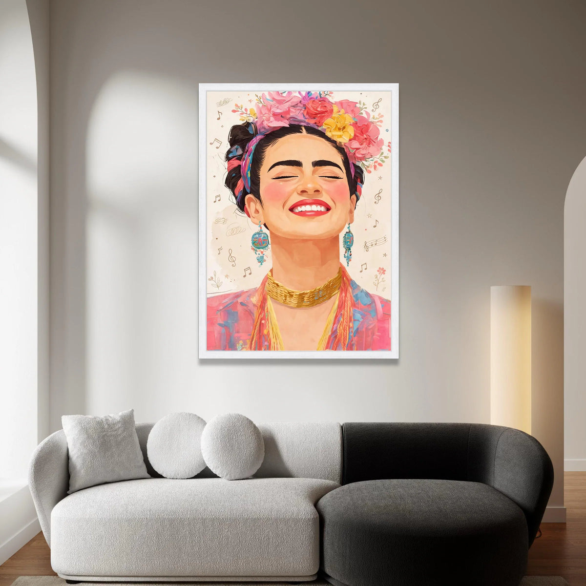 Vibrant Smiling Woman Portrait Canvas, Floral Crown Wall Art, Colorful Boho Chic Face Canvas, Joyful Expression Decorative Canvas Print Art