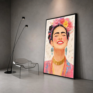 Vibrant Smiling Woman Portrait Canvas, Floral Crown Wall Art, Colorful Boho Chic Face Canvas, Joyful Expression Decorative Canvas Print Art