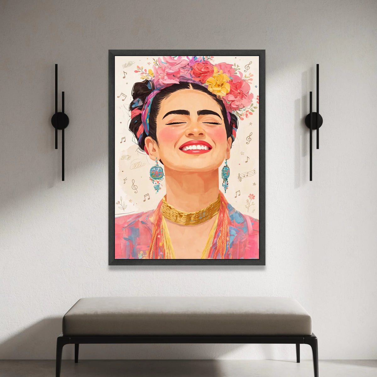 Vibrant Smiling Woman Portrait Canvas, Floral Crown Wall Art, Colorful Boho Chic Face Canvas, Joyful Expression Decorative Canvas Print Art